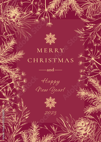 Holiday frame with fir and pine branches and cones. Christmas card with dried grasses. Botanical vector illustration. Magenta background and golden pattern. Sketch.