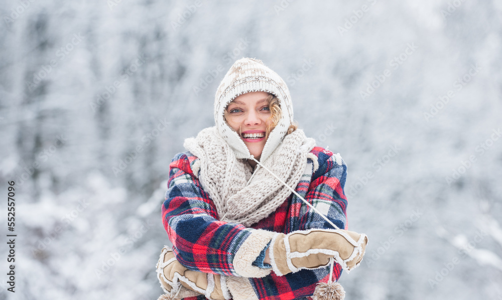 Fototapeta premium best place to feel freedom. woman enjoy winter landscape. girl relax in snowy forest. female casual style. my favorite season. happy weather. full of energy. winter holiday and vacation