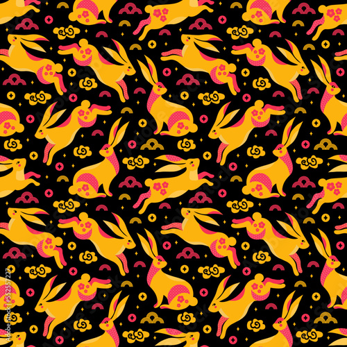 Seamless pattern moon Hare on starry sky. Background funny bunnies and asian decorative ornament. Chinese zodiac Rabbit symbol. Mid Autumn Festival or Chinese Lunar new year. Vector flat illustration.
