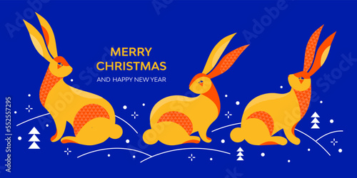 Merry Christmas and happy New Year horizontal banner in geometric minimalism style. Chinese zodiac Rabbit symbol. Group of cute hares in winter forest among snowdrifts and falling snow. Lunar new year