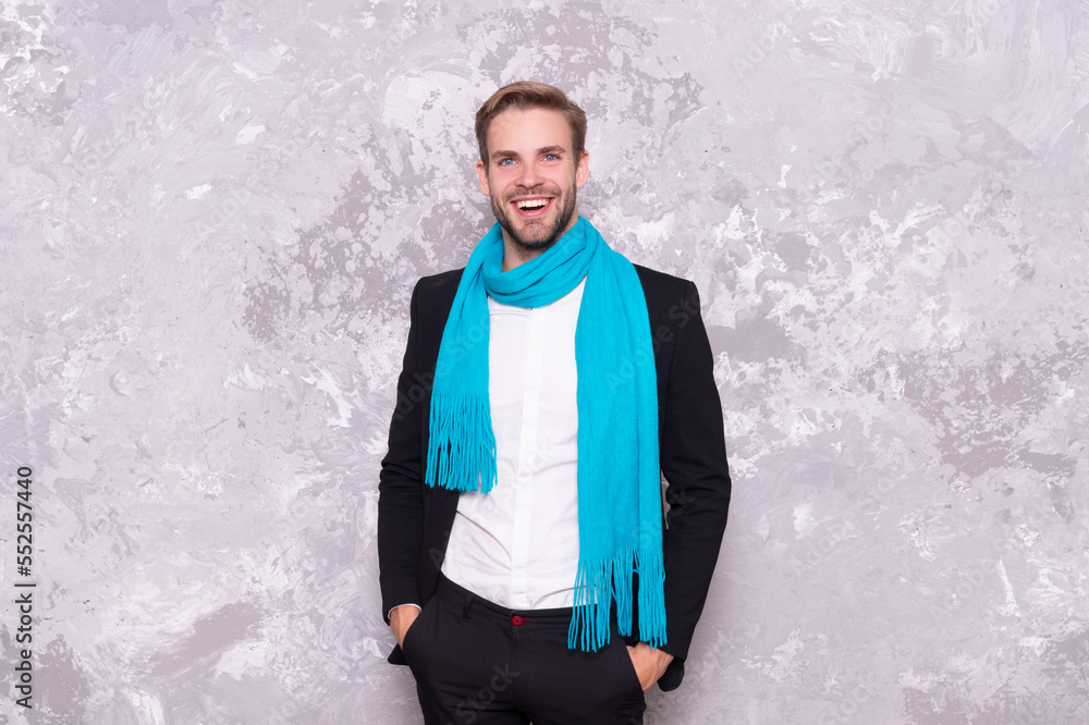 happy guy wear business casual style with scarf. photo of guy wear business casual style. happy guy wear business casual style with scarf. photo of guy wear business casual style.