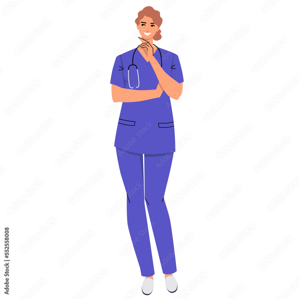 Nurse with a stethoscope and wearing scrubs is thinking. The doctor dreams, makes plans. The character is isolated on a white background. Flat vector. Nurse with a stethoscope and wearing scrubs is thinking. The doctor dreams, makes plans. The character is isolated on a white background. Flat vector.