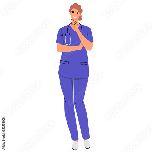 Nurse with a stethoscope and wearing scrubs is thinking. The doctor dreams, makes plans. The character is isolated on a white background. Flat vector.