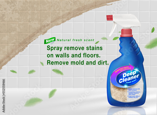 Ad template Spray remove stains on walls and floors. Remove mold and dirt. Realistic EPS file.