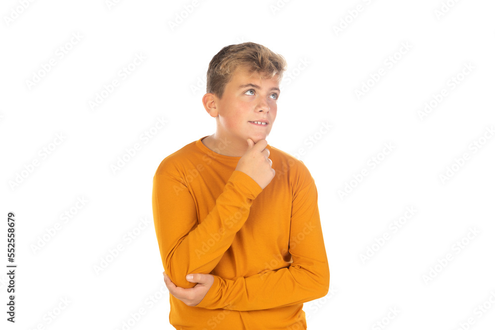 Pensive teenager in orange t-shirt Pensive teenager in orange t-shirt