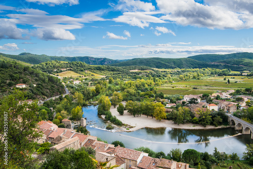 View of Orb River and landscape from the village of Roquebrun, France