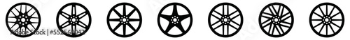 Car wheel rims icon set. Automobile spare parts rim icon vector. Repair shop or service garage logo design, symbol illustration