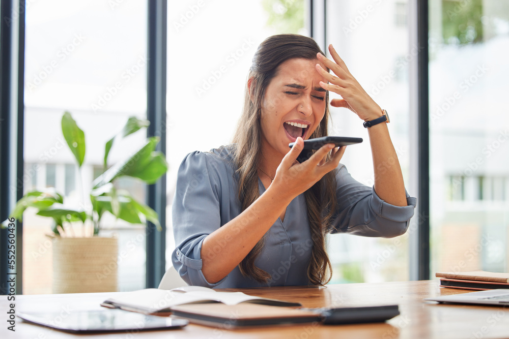 Business woman, stress and phone call in office by angry employee shouting, frustrated or annoyed by phishing. Manager, anxiety and headache while talking on phone, pressure and burnout from deadline Business woman, stress and phone call in office by angry employee shouting, frustrated or annoyed by phishing. Manager, anxiety and headache while talking on phone, pressure and burnout from deadline