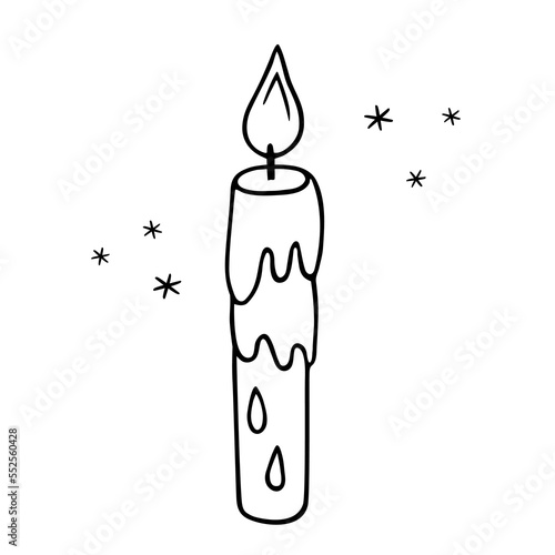 Candle doodle,power outage lighting.Decoration for birthday party,romantic Valentine's Day dinner.Festive hand-drawn candlelight with wick and wax,for creating a special atmosphere.Isolated.Vector