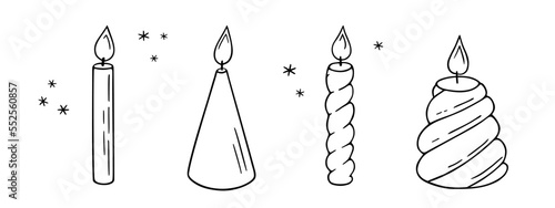 Candles doodle,power outage lighting.Decoration for birthday party,romantic Valentine's Day dinner.Festive hand-drawn candlelight with wick and wax,for creating a special atmosphere.Isolated.Vector