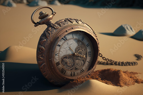 Generative AI : an old ornate pocket-watch lying on a beach photo