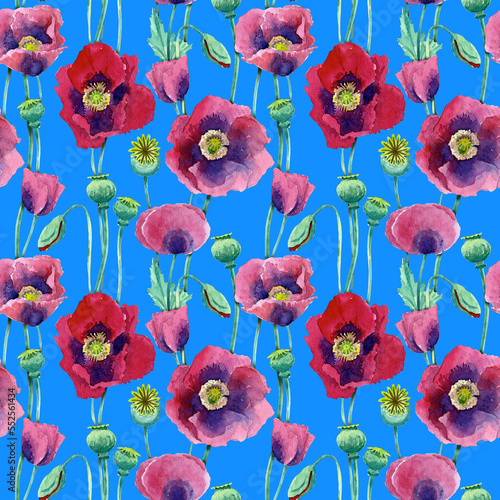 Seamless pattern of poppy flowers painted with watercolours on a blue background. For fabric, sketchbook, wallpaper, wrapping paper. © Nataliia
