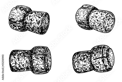 Champagne bottle cork sketch. Cork stoppers isolated on white background. Hand drawn vector illustration. Retro style. Wine bottle