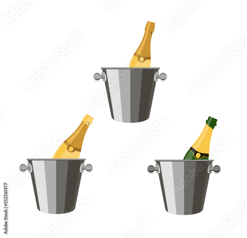 Bottles of champagne in an ice bucket set. Icon in cartoon style isolated