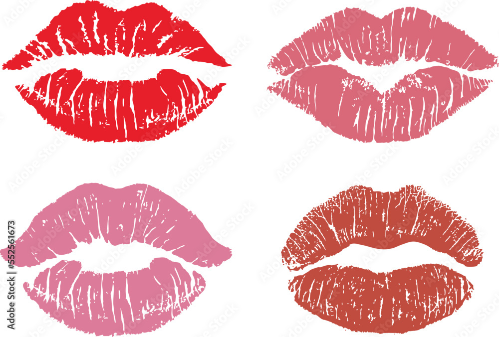 Obraz premium Lipstick kiss print isolated vector set. red vector lips set. Different shapes of female sexy pink and red lips. Sexy lips makeup, kiss mouth