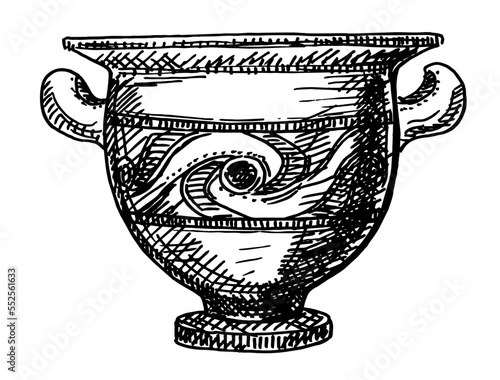 Ceramic Vase from excavations in Greece, painted archaeological pottery. Ancient Greek jug, pot, terracotta ceramic with ornament. Artifact