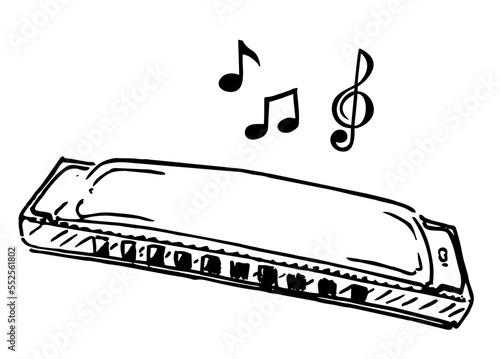 Harmonica sketch vector illustration isolated on white background. Mouth organ, lip accordion
