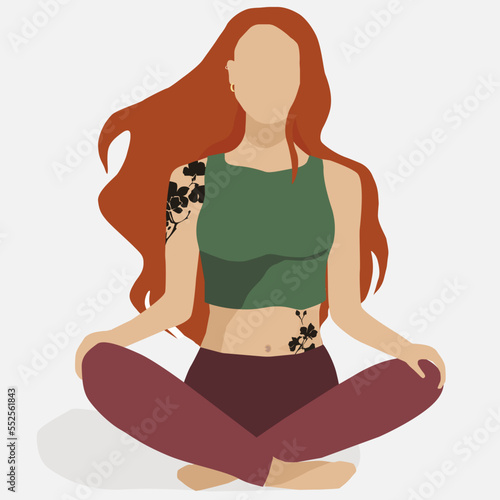 a girl with red hair in a yoga pose with a tattoo in a flat style