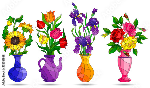 Set of stained glass elements, vases with flowers, tulips, roses, irises and sunflowers in bright vases, isolated on white background