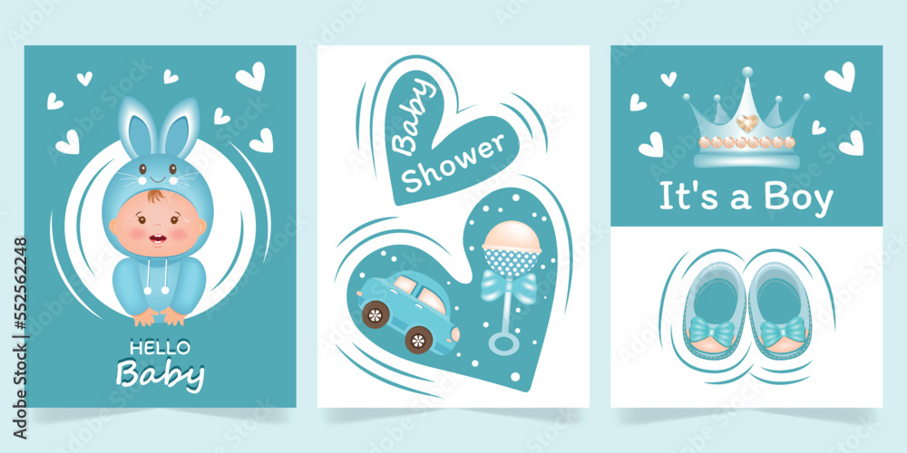 A set of vector illustrations for a newborn boy. Baby shower, hello baby, it's a boy