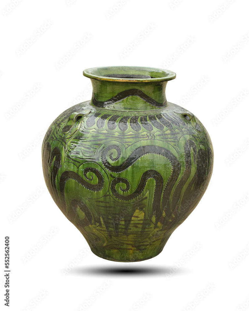 Antique hand-crafted ceramic jar isolated on white background. This has clipping path.