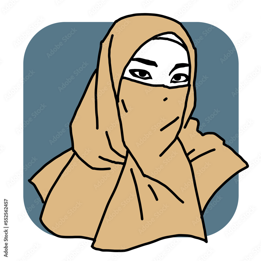 Young Arab woman with beautiful face in traditional fashion niqab head wear. Hand drawn isolated retro vintage isolated illustration. Old style school drawing. Young Arab woman with beautiful face in traditional fashion niqab head wear. Hand drawn isolated retro vintage isolated illustration. Old style school drawing.