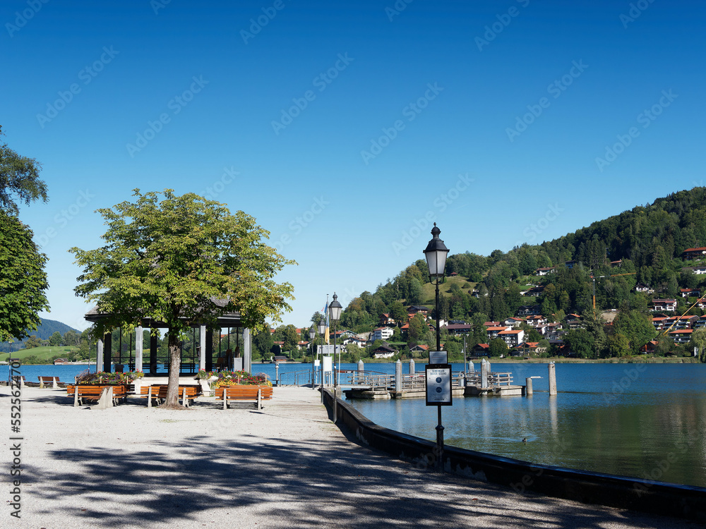 Tegernsee in Bavarian Alps. Promenade along Seestrasse and the park on the Shoreline of Rottach-Egern