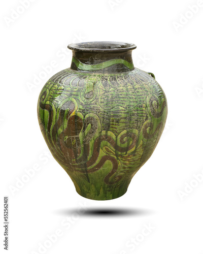 Antique hand-crafted ceramic jar isolated on white background. This has clipping path.