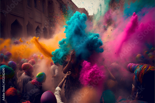 A picture of splash of colour powder in a holi festival in india , AI generate 