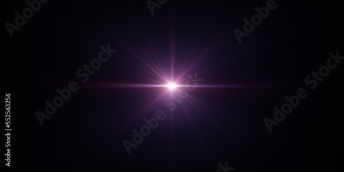 3d rendering. Abstract pink purple digital lens flare with bright light on black background. Optical flare elements used for texture, background or screen project overlay.
