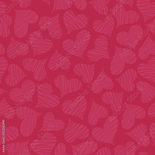 Seamless pattern with hand drawn pink hearts on background in trendy color 2023 Viva Magenta. Happy Valentines day.