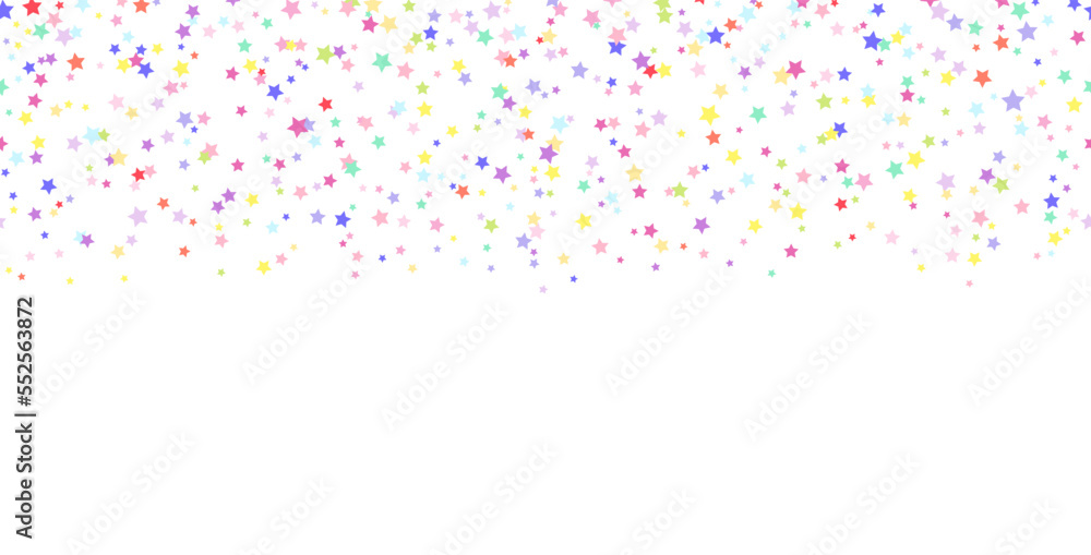 Colorful falling confetti seamless border frame on white background, color stars epeat pattern for birthday party, celebration vector illustration.