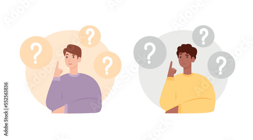Choice between two or more options. Dilemma concept. Puzzled questioned man doubting, deciding, choosing, comparing alternatives, risks. Flat graphic vector illustration isolated on white background