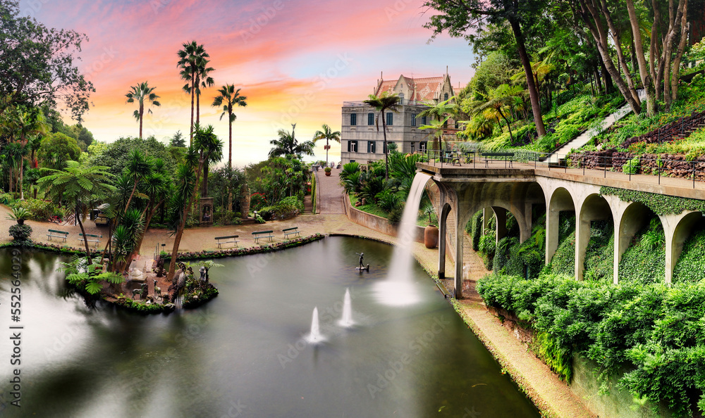 Funchal - Madeira, Monte Tropical Gardens with view of palace on lake at sunset, Portugal