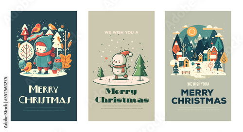 Merry Christmas Happy New Year Greetings Card Invitation Banner flat vector