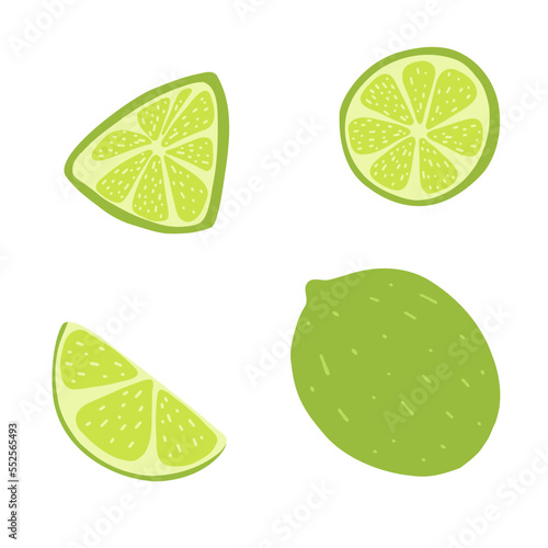 Whole and slice lime in cartoon flat style. Hand drawn vector illustration of green lemon, fresh healty food, citrus fruit icon