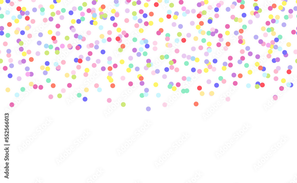 Colorful falling confetti seamless border frame on white background, color dots repeat pattern for birthday party, celebration vector illustration.