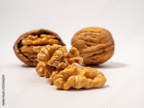 Walnut on a white background. Raw walnut.