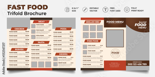 Trifold Food menu Brochure Template. restaurant menu. Fast-food healthy meals delicious food, dessert trifold design.