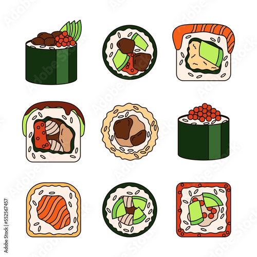 Various sushi doodle set isolated on a white background.