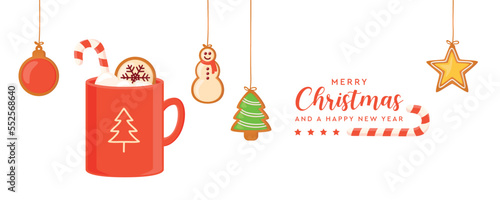 christmas card with hanging gingerbread cookies and cocoa drink