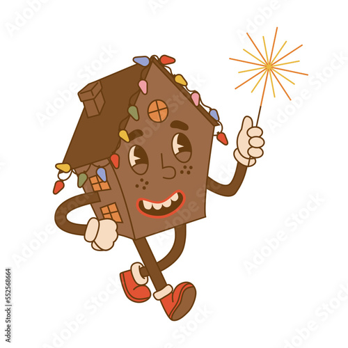 Comic character of a groovy gingerbread house with Bengal fire in trendy cartoon style on isolated background. For card, poster, print.