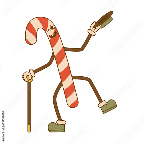 Comic character of a groovy christmas candy with hat and walking stick in trendy cartoon style on isolated background. For card, poster, print.