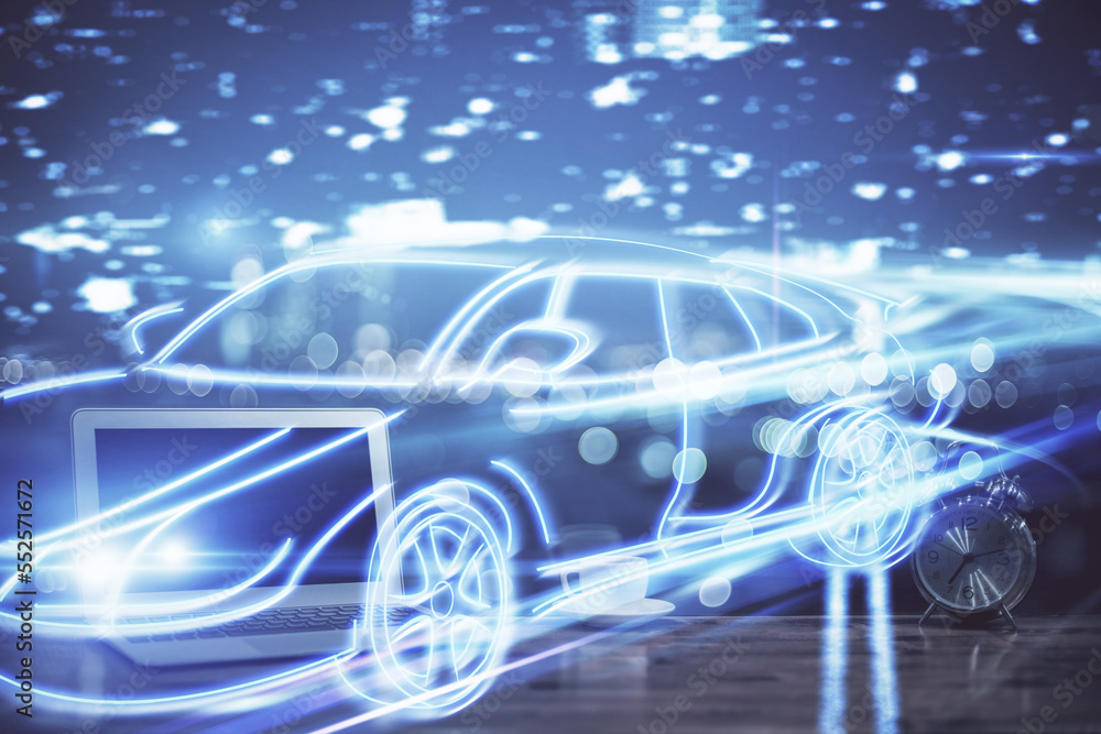 Desktop computer background in office with automobile hologram drawing. Multi exposure. Tech concept. Desktop computer background in office with automobile hologram drawing. Multi exposure. Tech concept.