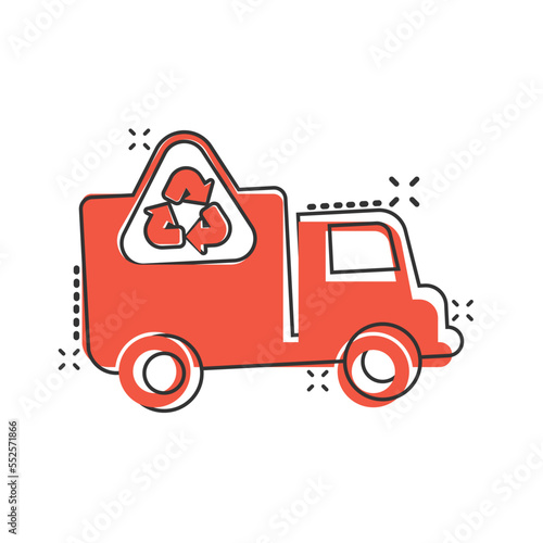 Garbage truck icon in comic style. Recycle cartoon vector illustration on white isolated background. Trash car splash effect sign business concept.