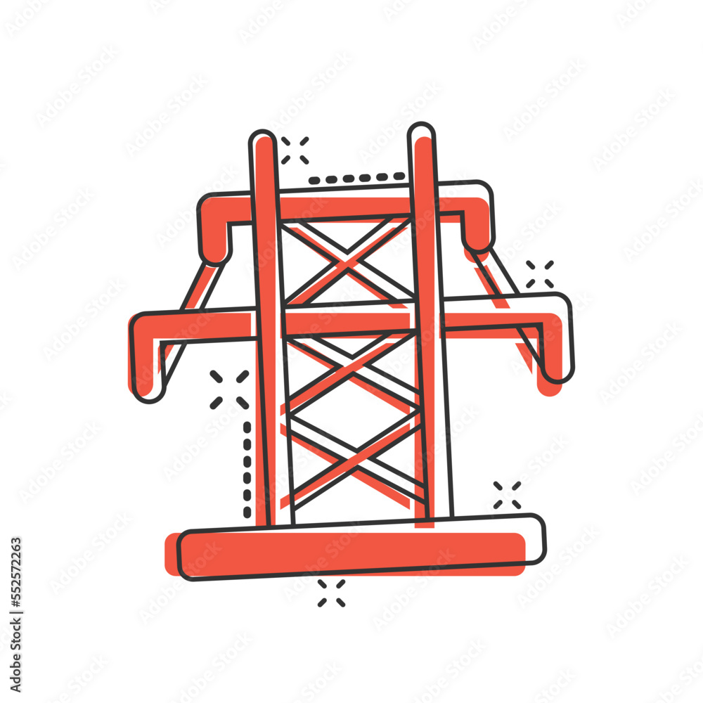 Electric tower icon in comic style. Power station cartoon vector illustration on white isolated background. High voltage splash effect sign business concept.