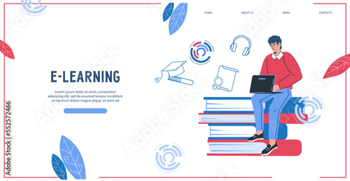 Online education e-learning website, flat vector illustration. Webpage template for online school and educational courses, training or webinar.