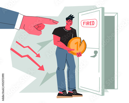 Firing from a job and downsizing in crisis. Job cuts and unemployment concept, flat vector illustration isolated on white background.