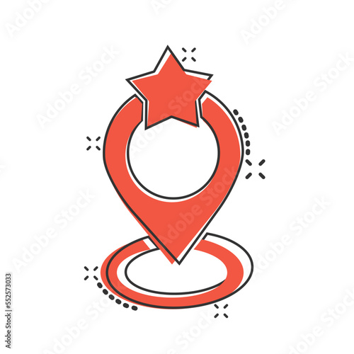 Map pin icon in comic style. GPS navigation cartoon vector illustration on white isolated background. Locate position splash effect business concept.