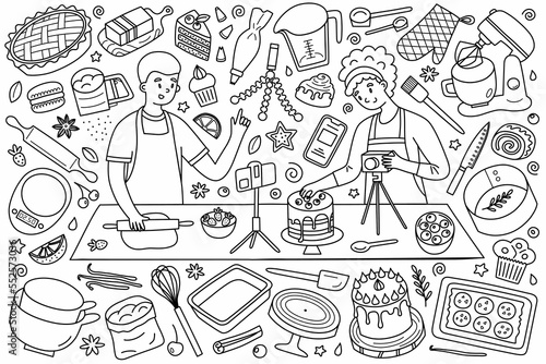 Food bloggers make baking tutorials, pastry hand drawn collection, kitchen utensil, video recipe, phone stand, whisk, cake icons, vector doodle illustrations of cooking tools, isolated outline clipart